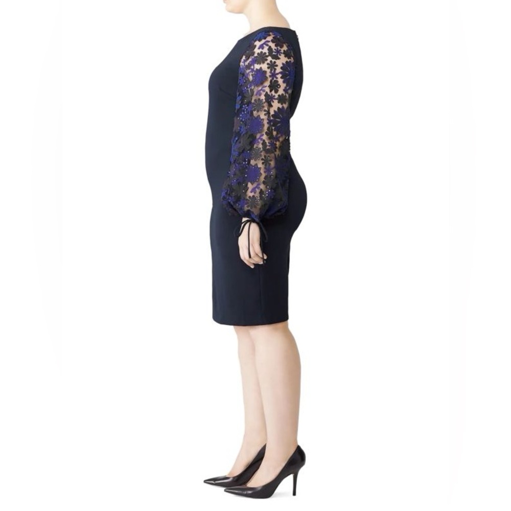 Badgley Mischka Boatneck Sheath Dress with Floral Puff Sleeves, Navy Blue Sz 14 - Picture 5 of 6